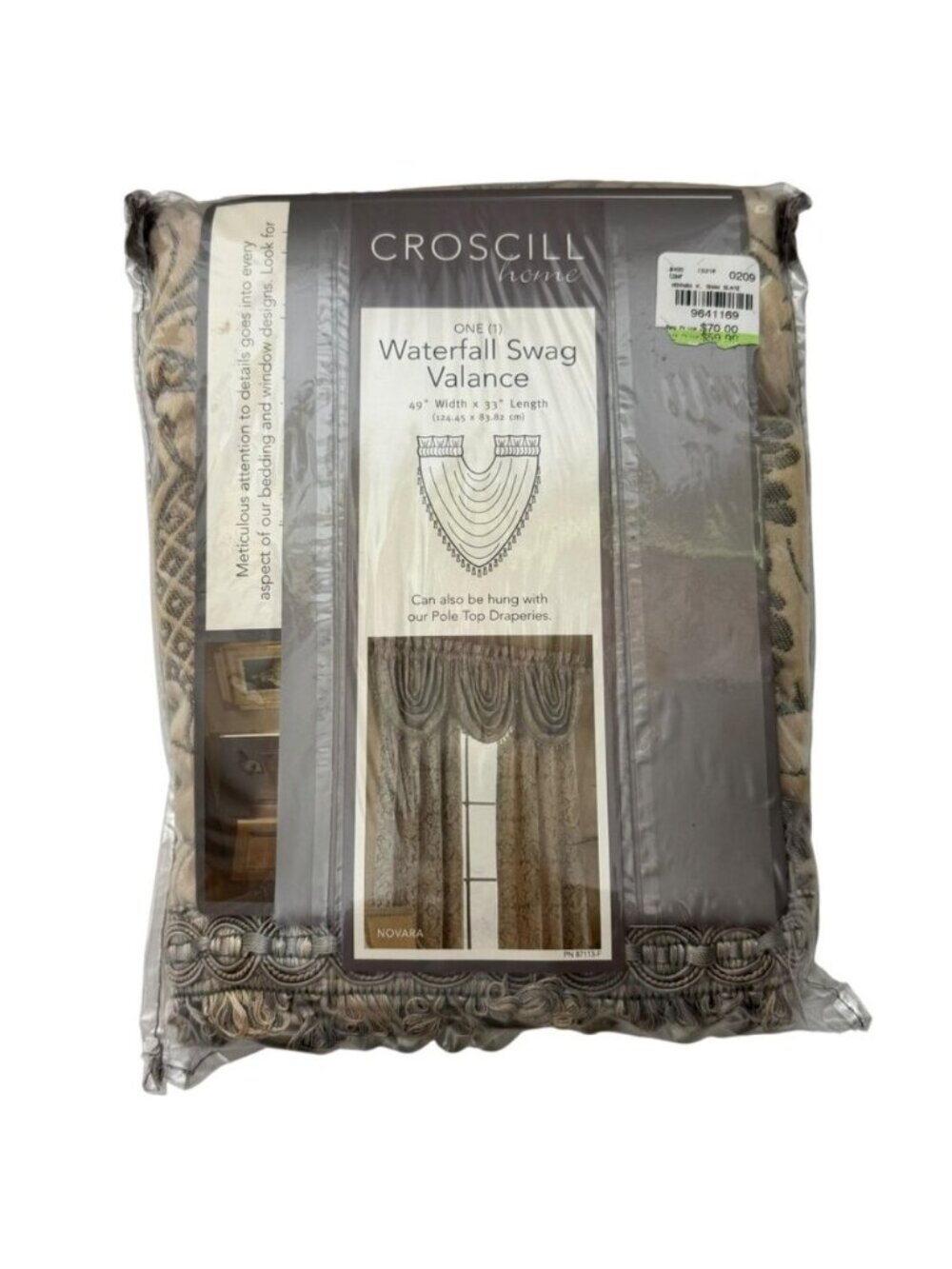 Croscill Waterfall Window Swag Valance 49"W x 33"L Novara 6642 Gray Tan Damask